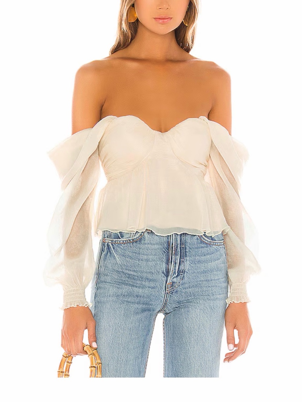 House of Harlow 1960 Cream Off-Shoulder Peplum Blouse
